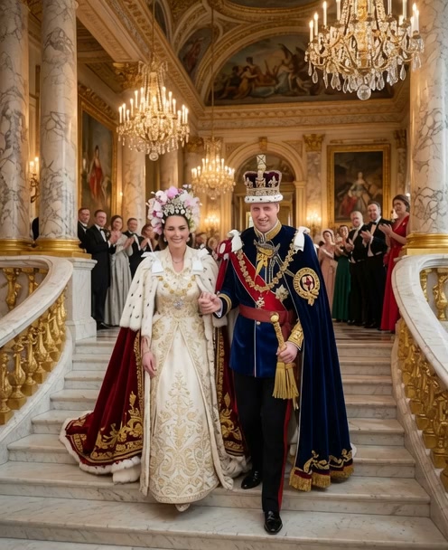 Kate and Prince William walk hand in hand down the marble steps, smiling warmly at each other., Kate looks radiant in her ornate cream and gold gown with floral headpiece and ermine cape., William 