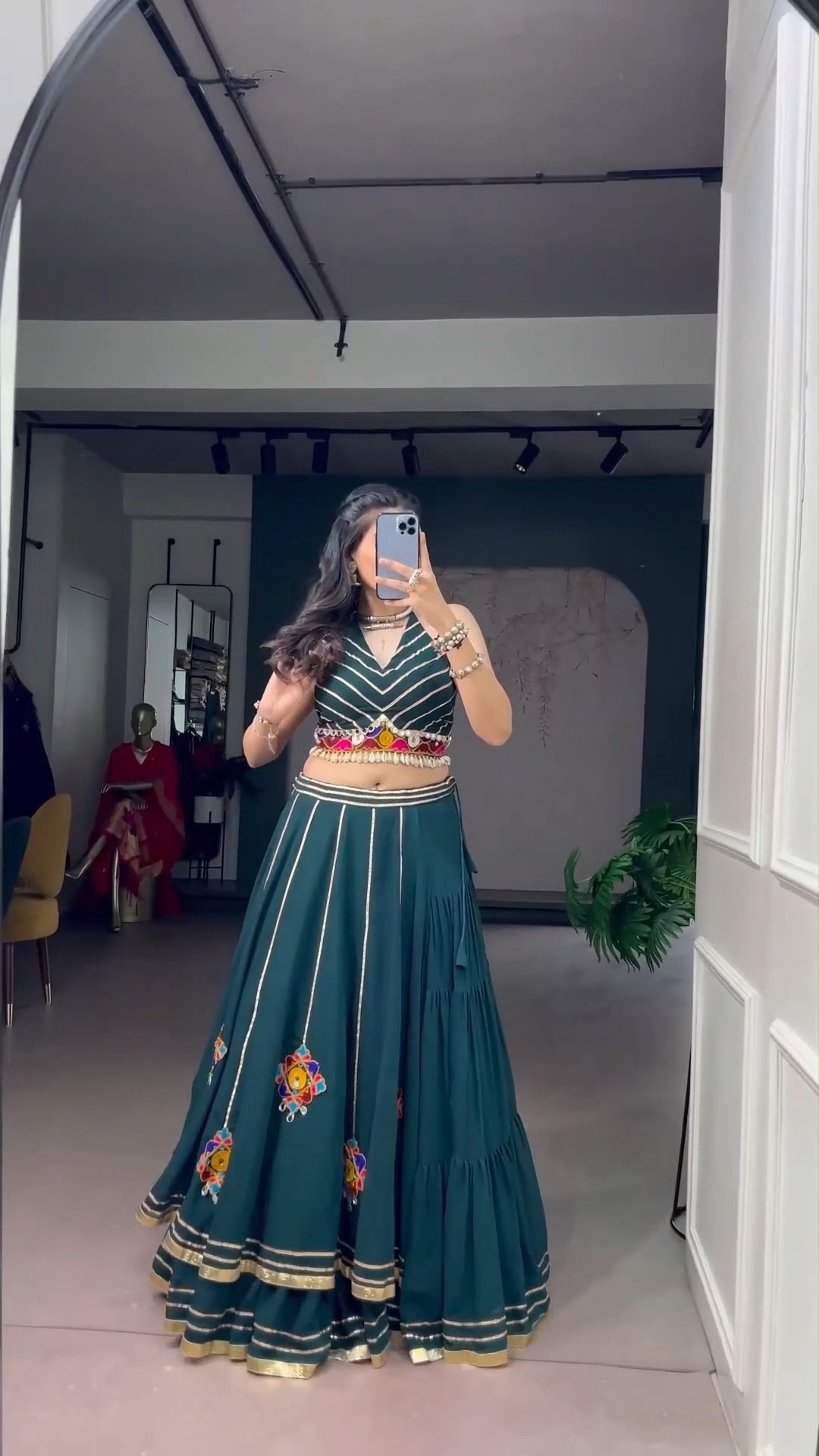 green garba dress 💚 Celebrate every night in our Gamthi Work Georgette Lehenga Choli—a perfect blend of vibrant colors, graceful flair, and traditional craftsmanship. ✨, ., ., ., #EthnicPlus skirt modern garba dress