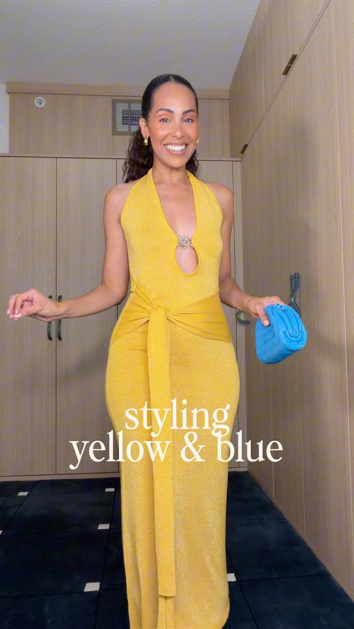 styling yellow and blue ✨ such a great color combo!, dress @runawaythelabel / bag @newbottega mini pouch / heels @gianvitorossi, #colorcombo #yellowandblue #bottegaminipouch #gianvitorossi #mididress 