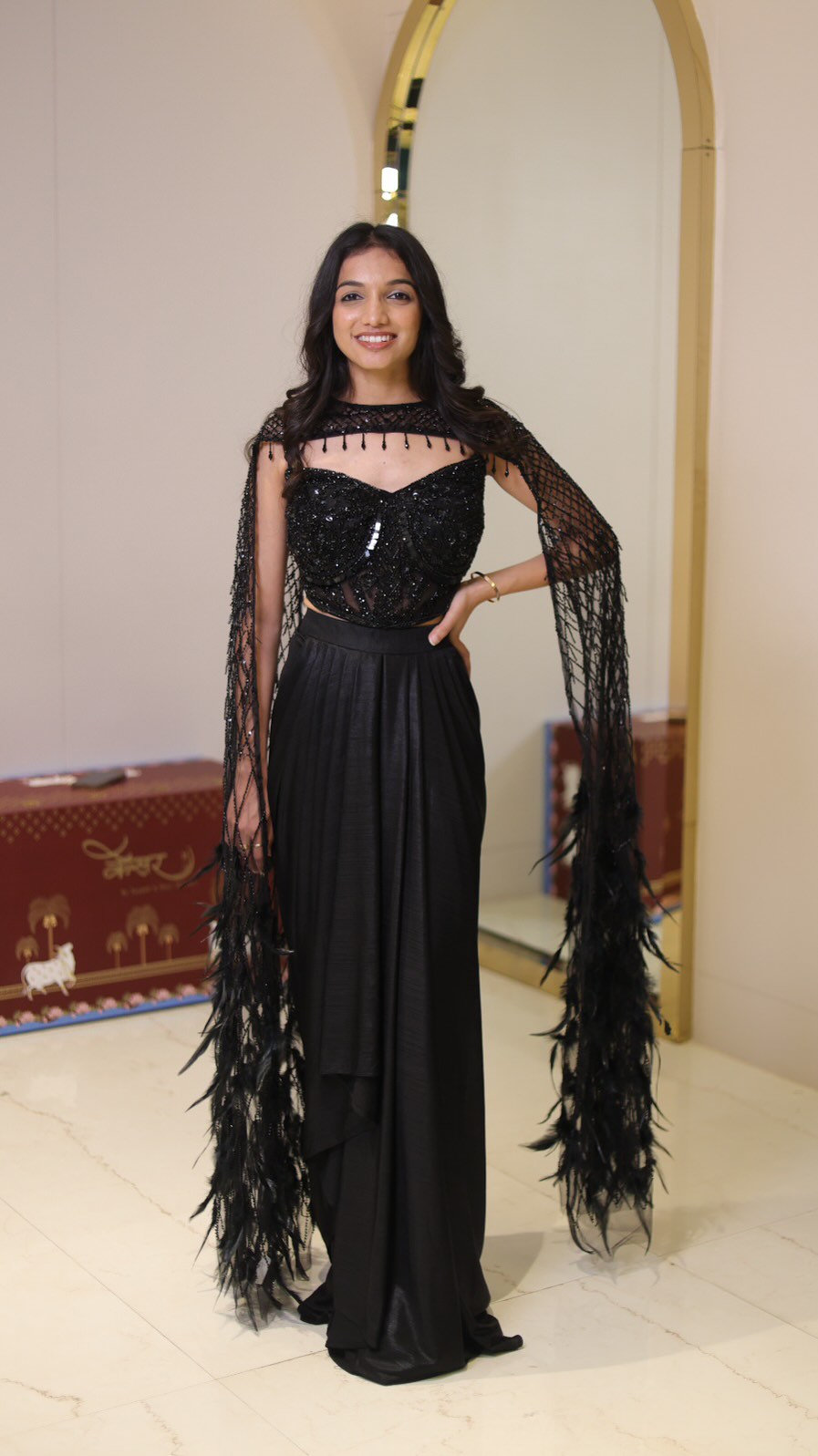 Black Sequined Corset Indo Western Outfit with Statement Cape by Kesar Indore