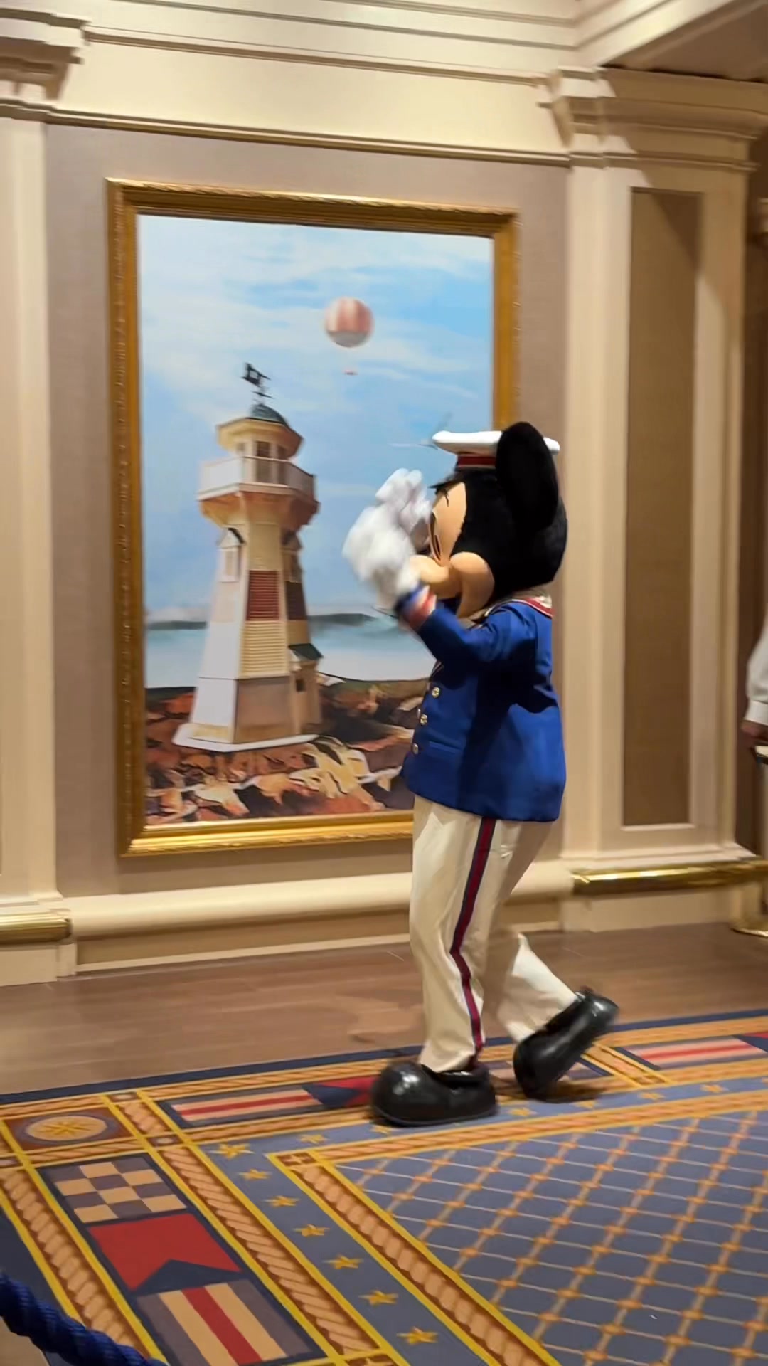 Captain Mickey arrives to his meet and greet at Disney Newport Bay