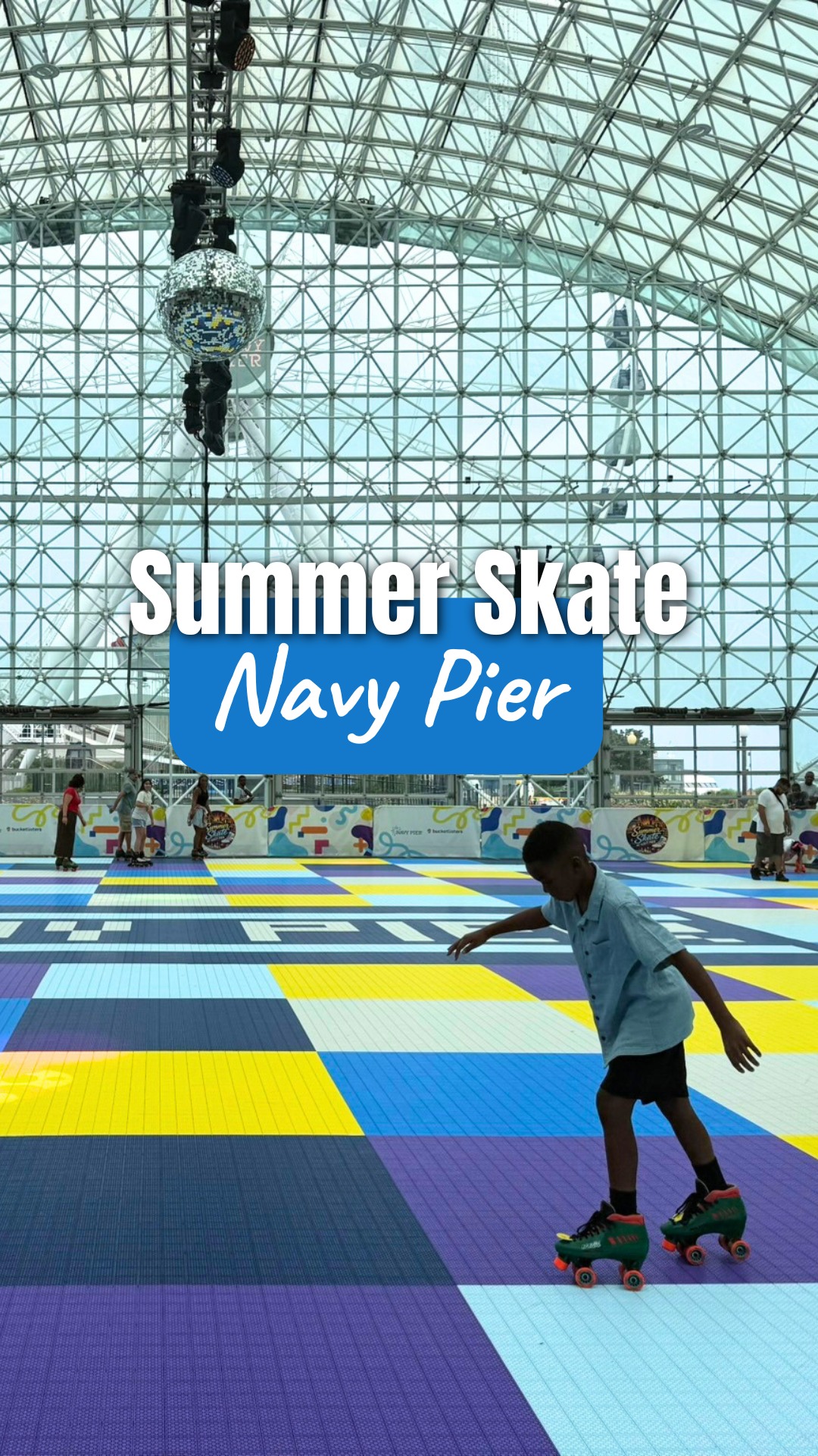 Skyline Skate Rink is open at Navy Pier inside a glass atrium with