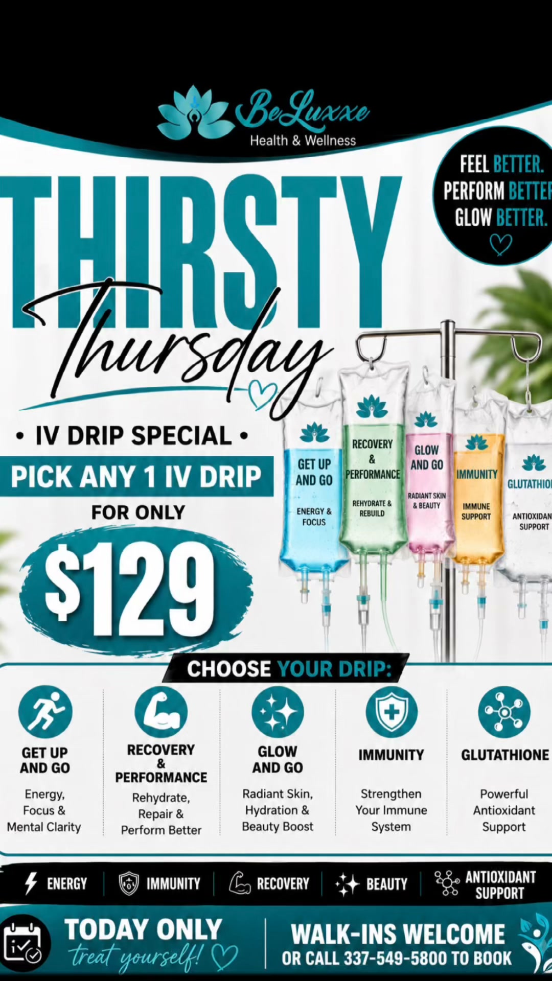 glutathione thirst 💧 THIRSTY THURSDAY IS HERE! 💧, Your body called… it wants an IV. 😉✨, Every Thursday at BeLuxxe, choose your vibe and get the boost you need:, ⚡ Get Up & Go — Energy + focus, 💪🏾 Recovery & Performance مكمل بالكولاجين وفيتامين سي
