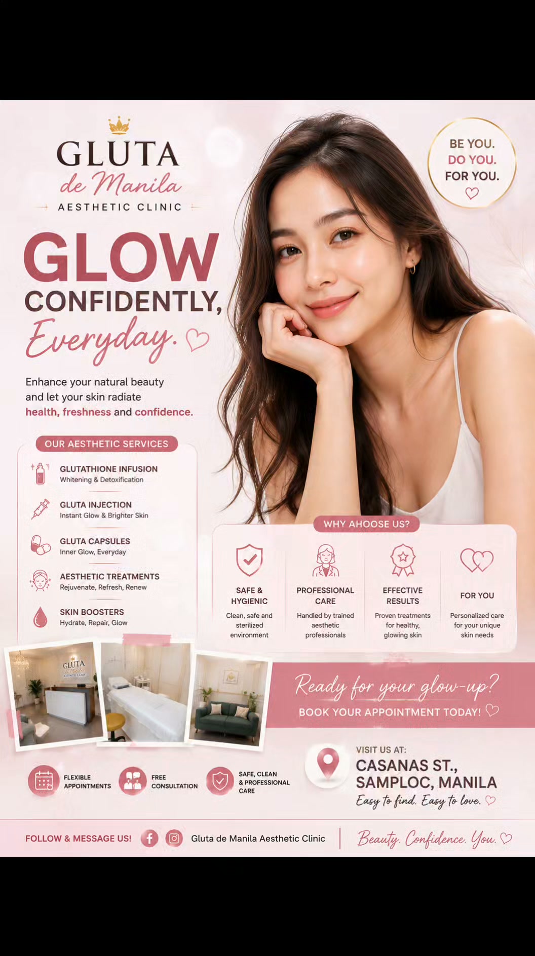 ✨ Glow confidently, everyday. ✨, Alagaan ang natural beauty mo and let your skin look fresh, healthy, and radiant. 💗 At Gluta de Manila Aesthetic Clinic, may aesthetic care na bagay sa glow goals mo.,