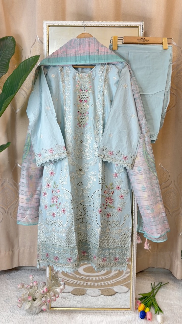 Pakistani inspired ready-made 3 piece , Dress-Pure cotton With embroidery work , Body 40/42/44/46 , Long 44/45, Dupatta-Cotton silk mixed , pant- cotton | Art's Of Insiya