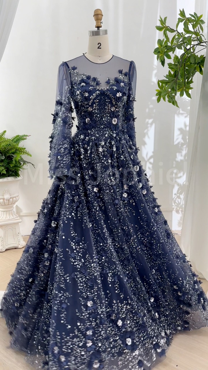 Corset Long Sleeve Dark Navy Prom Dress Formal Evening Gown Custom Made