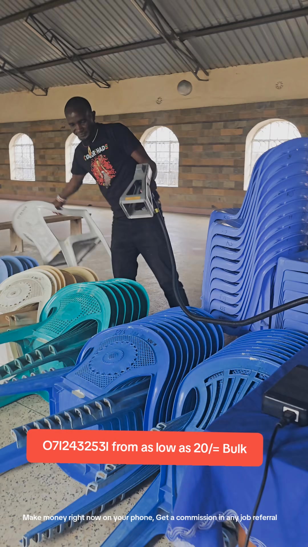 Plastic chairs marking with laser engraver on site. # ...
