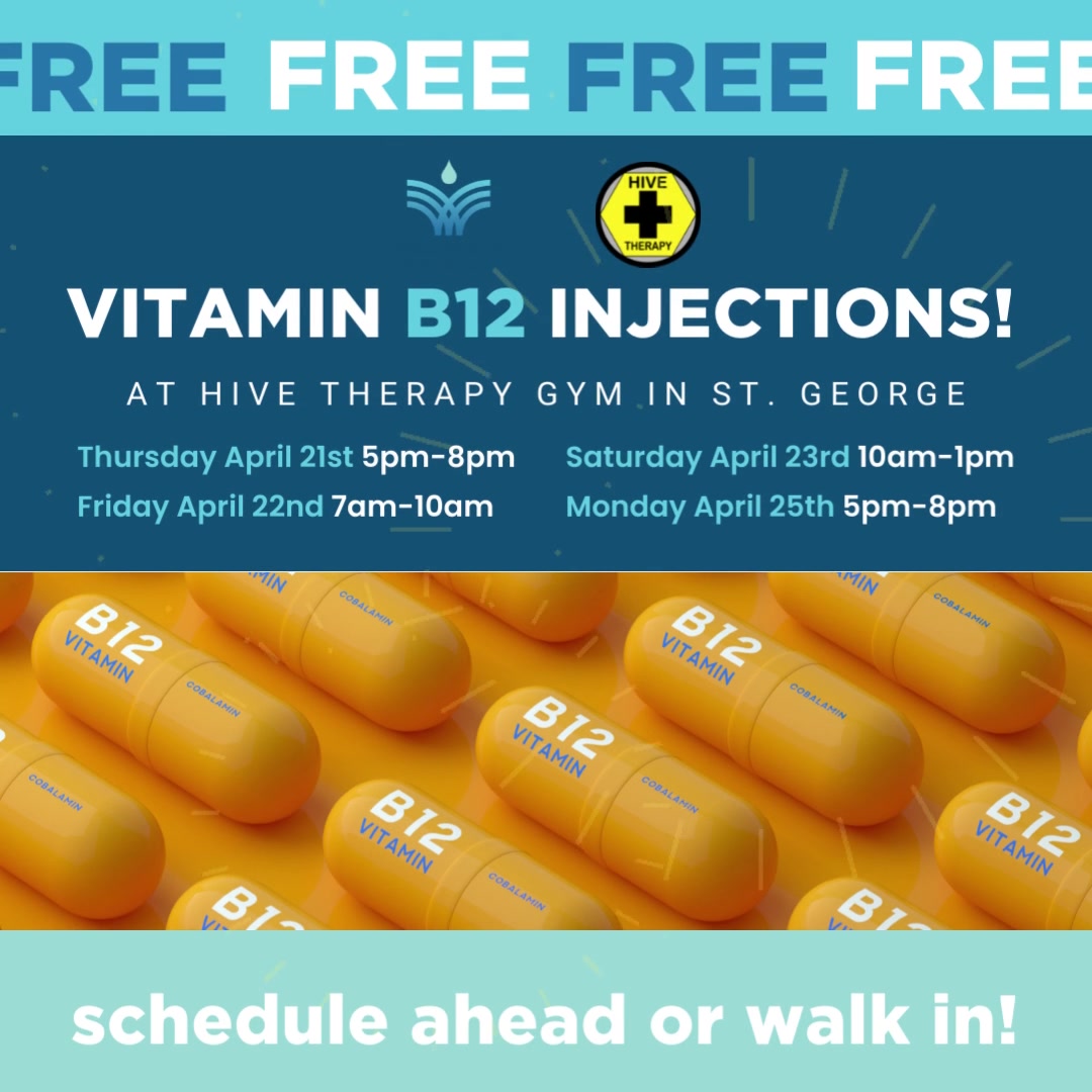We're going to St. George!! In collaboration with the popular Hive Therapy Gym, we will be providing FREE Vitamin B12 Injections on the dates listed below. Schedule online in advance to secure your 