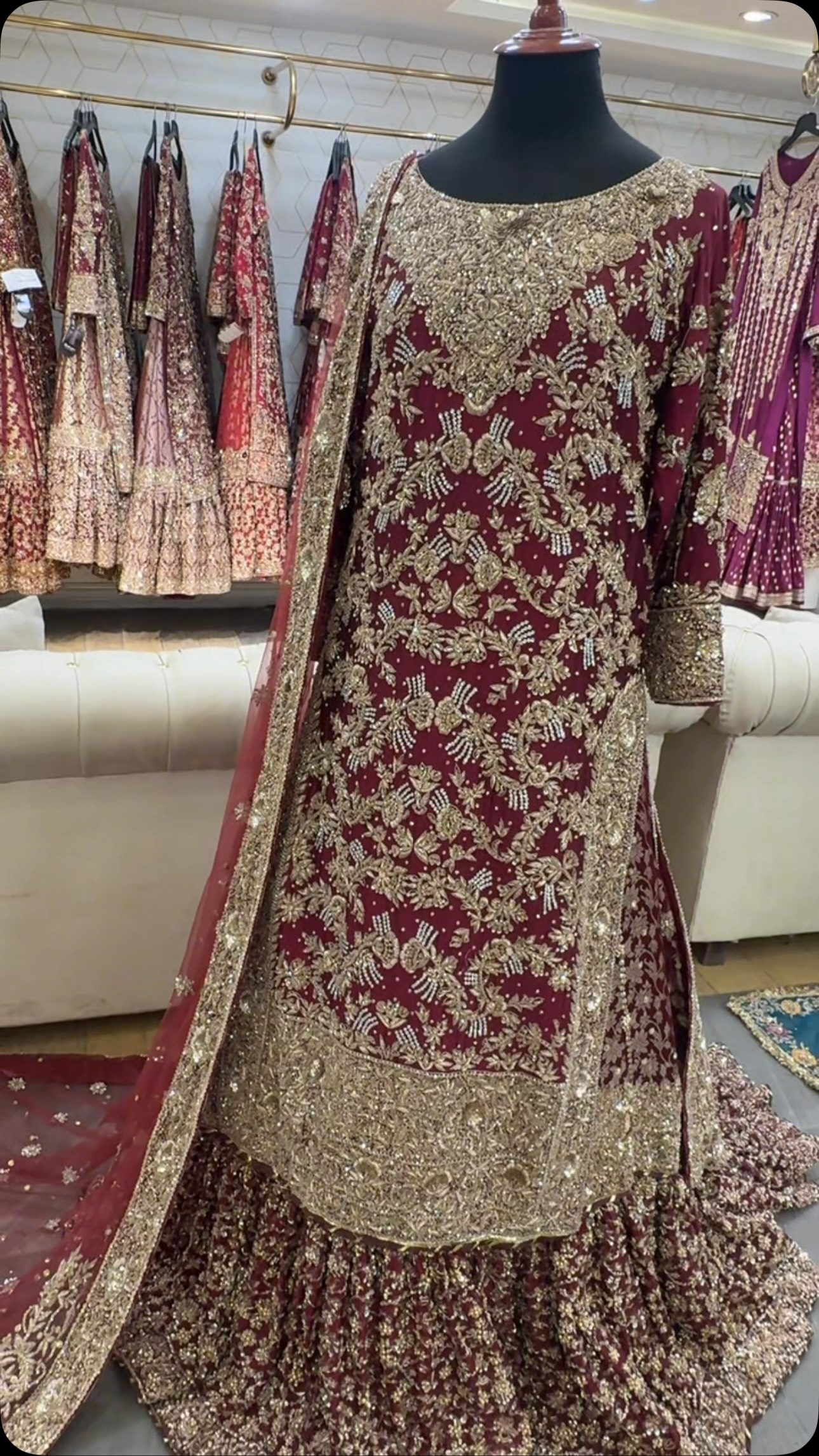 maroon and gold pakistani bridal dresses Us-Bridal Drenched in Royalty! This gorgeous dress. Perfect choice for modern brides. New design 2026 fully details Vlog upload for our YouTube channel For order now WhatsApp Dm PRE ORDER