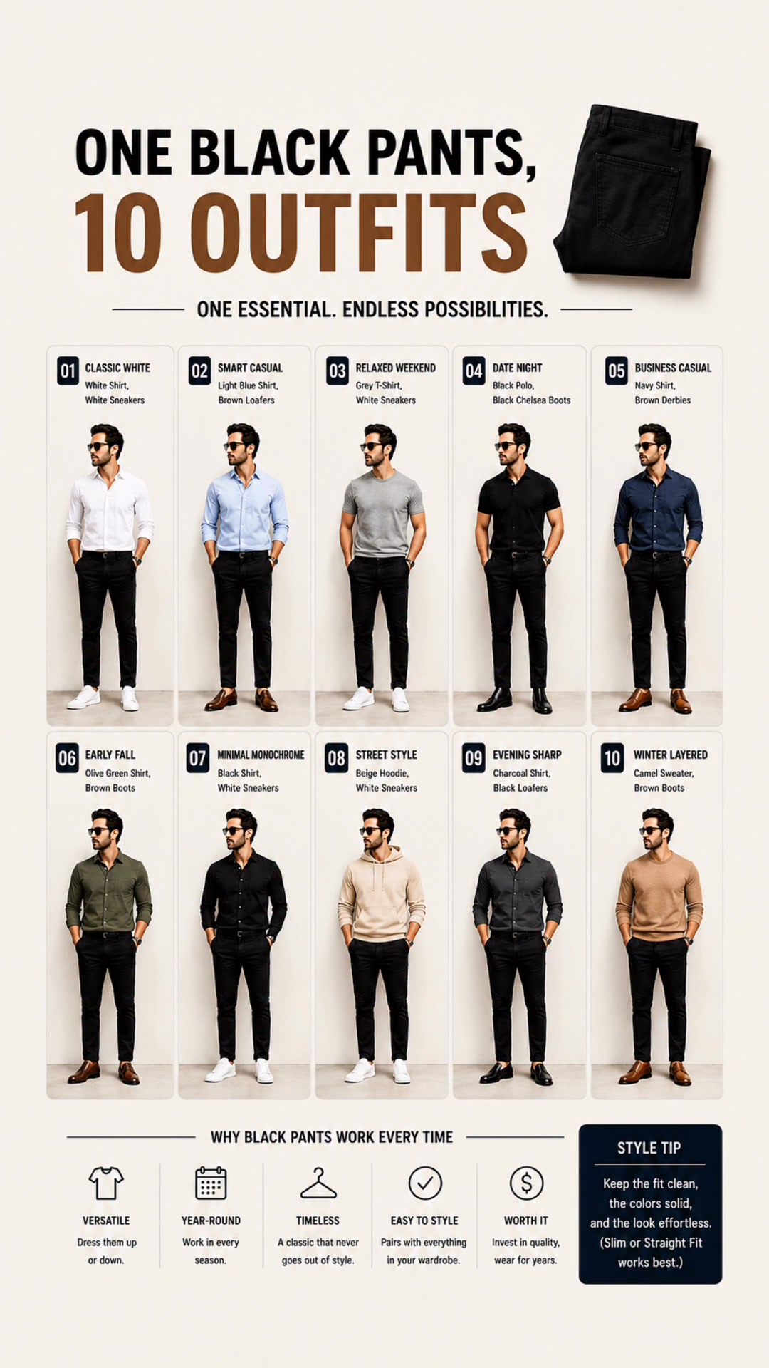 One pair of black pants. Endless outfit possibilities. From casual everyday looks to smart business and date-night outfits, this guide shows how one wardrobe essential can do it all. Save this for 