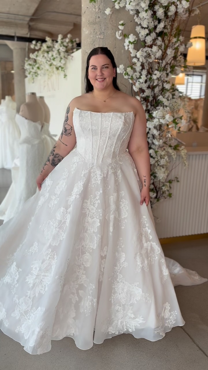 wedding dress stores in green bay Say hello to “Monet” by Justin Alexander, the plus-size A-line of your dreams!🥰🥰, With soft organdy fabric and gorgeous oversized floral embroidered lace, this gown is the perfect mix of romantic and Bridal salons