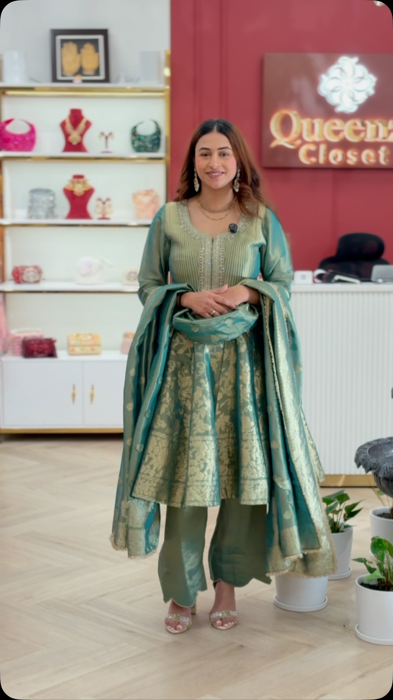 queenz closet designer women dresses ladies suits designer in ludhiana Redefining festive glam! ✨ , Our dual-tone calf-length Anarkali featuring detailed weaving work brings a completely unique vibe to your wardrobe. Perfect for festive gatherings and a standout choice Lonnie Striped Mini Dress