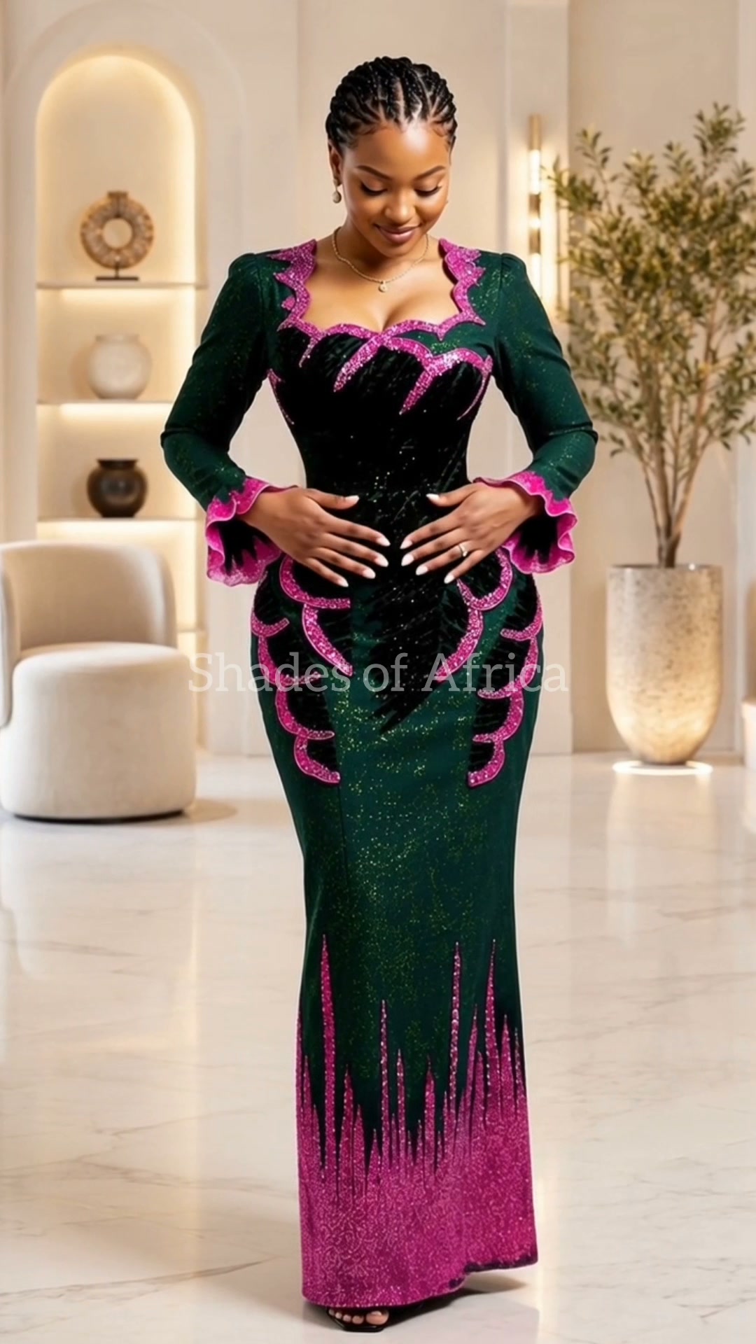 emerald green dress inspiration Velvet Gown with Fuchsia Beaded Details – Stunning African- Inspired Evening #EveningGown #VelvetFashion #EmeraldGreen #GlamorousStyle #FormalWearInspo FW25 Drop 2