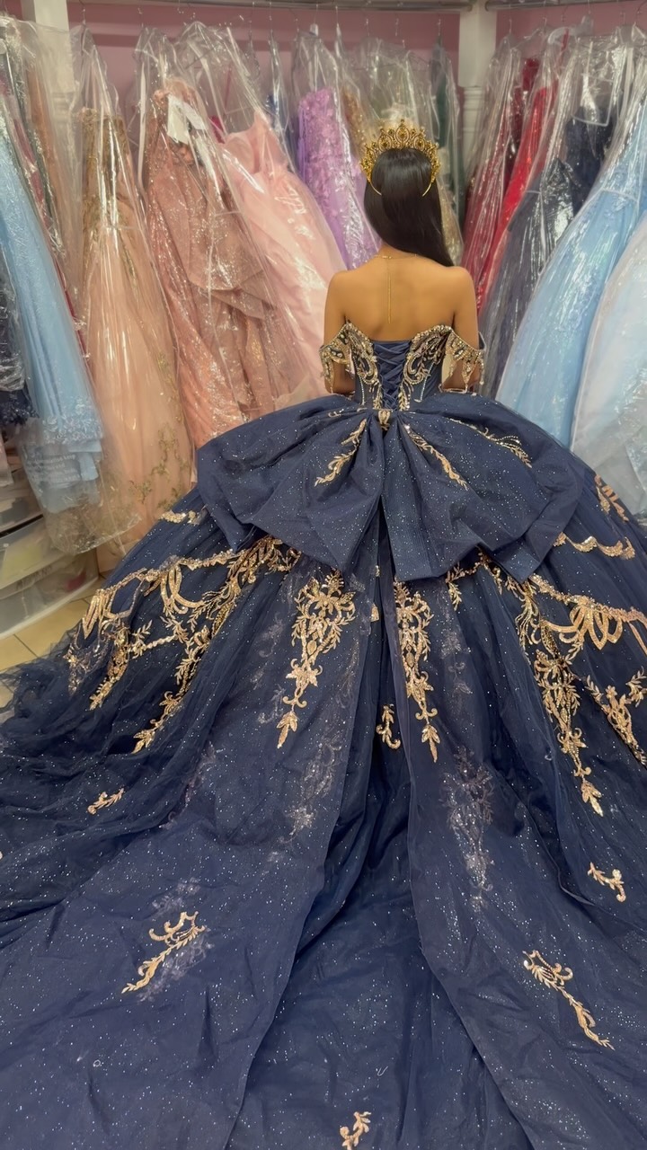 blue and gold sweet 16 dresses This style dress PR30248 comes in colors Navy & Rose ✨, #quince #sweet16 #quinceañera #dress #misquince | Quinceañera Shona Joy Beau Gathered Neckline:High Cup size:B shoulder sleeves