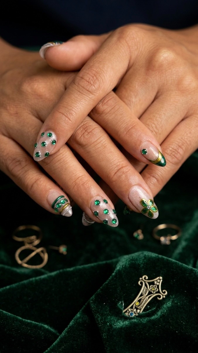 nails with emerald green dress 💚✨ green, gold details, and an elegance that won't go unnoticed. ✨💚 delicate French manicures, refined floral accents, and precious touches of gold, this manicure is the perfect blend of nails to match green dress