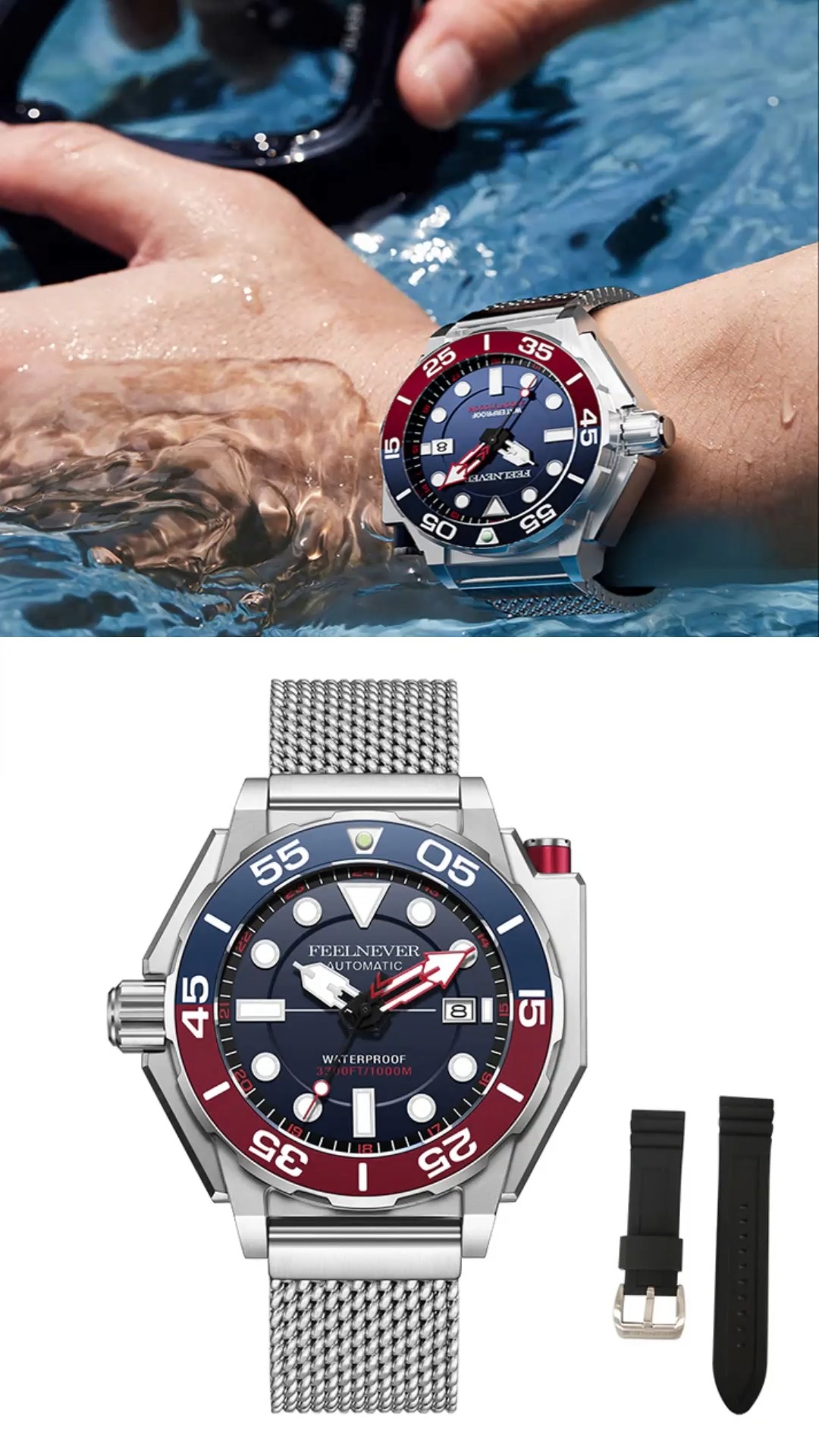 With its soft silicone strap and water-resistance up to 100 meters