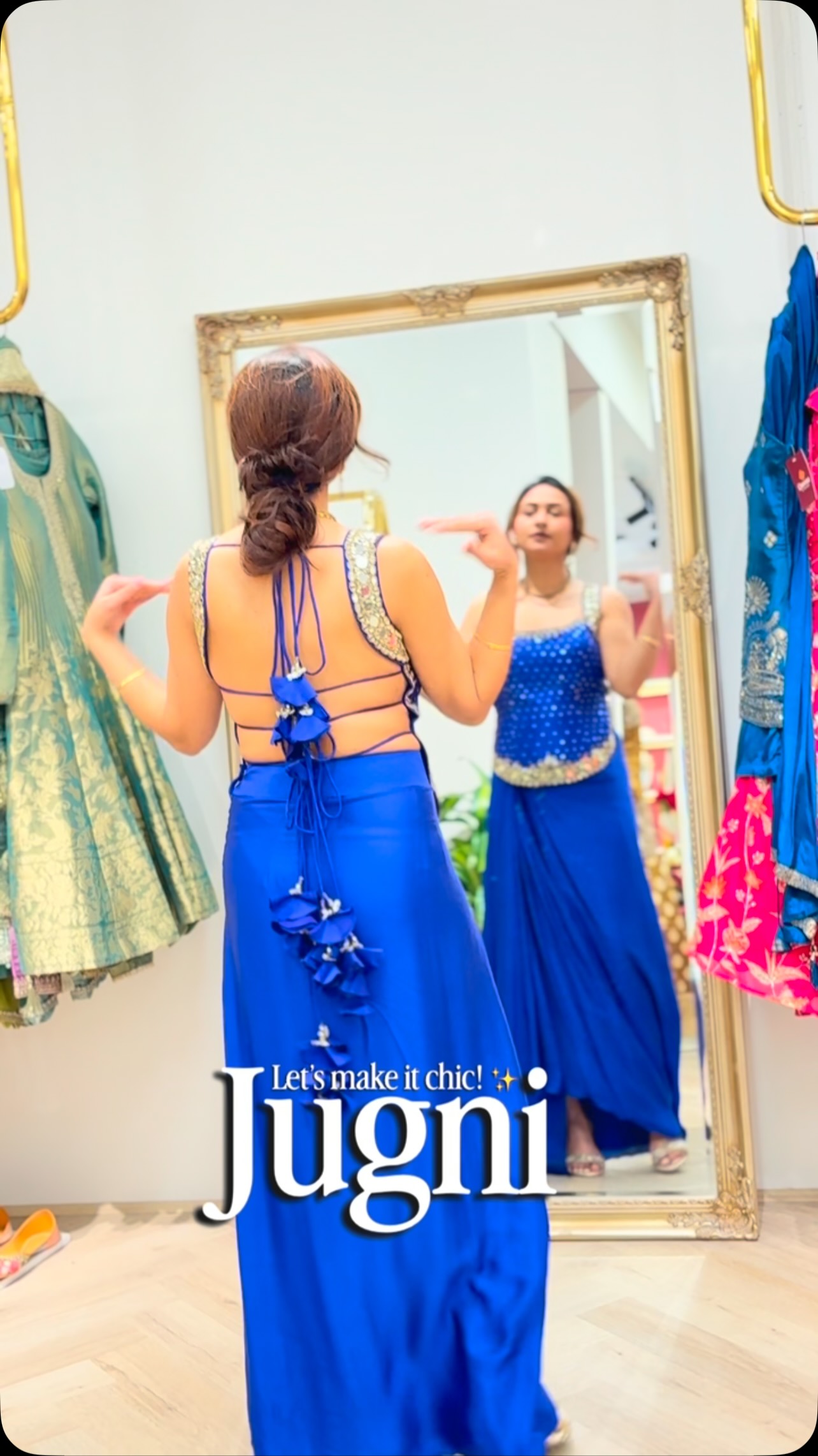 queenz closet designer women dresses ladies suits designer in ludhiana Blue-tiful and bold. 💙 This drape outfit is doing all the talking, but that statement back design? Absolute perfection. A total must-have for the season!😍, Shop the look at Lonnie Striped Mini Dress