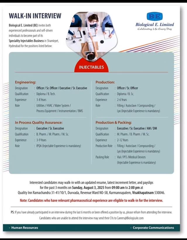 Biological e ltd Walk in Interview for Production, Quality Assurance ...