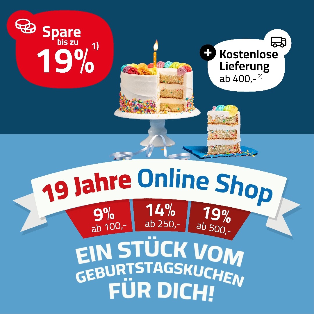 Wir feiern Geburtstag und du feierst mit! 🥳🎁 Unser Online-Shop wird 19 Jahre und wir geben dir ein Stück vom Kuchen ab. 🎂 Spare bis zu 19%¹ und erhalte nur heute deine Lieferung kostenlos² dazu! 😍 ***