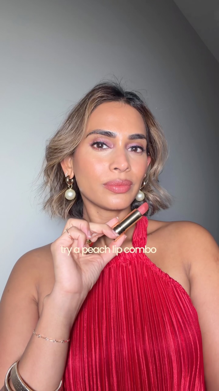 Peachy Lipstick for Brown Skin With a Red Dress Makeup Tip