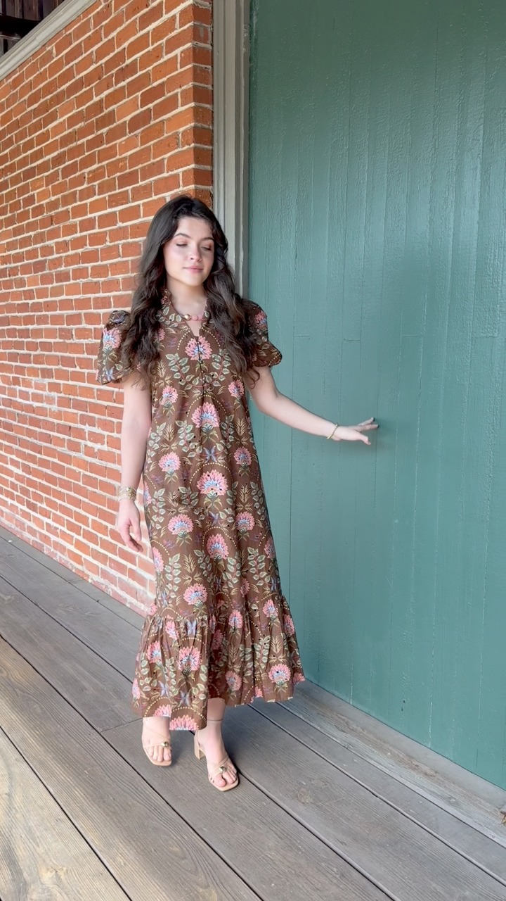 flowy feminine dresses This dress is giving fall, but make it feminine. 🤎🌸🍂, The rich chocolate brown, the prettiest floral details, and a fit that does all the talking. This is one of those you’ll be reaching long sleeve hoco dress