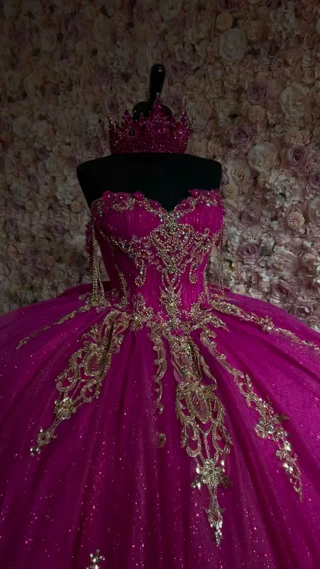 fuchsia and gold quinceanera dresses pink to shine like the great princess on your big day!🩷🩷🩷 , Now available at Valerie’s Bridal Boutique, visit us at 📍915 Santee St. &4 •Los Angeles, CA 90015 📞 (213) 623-1369, ., 1950 add