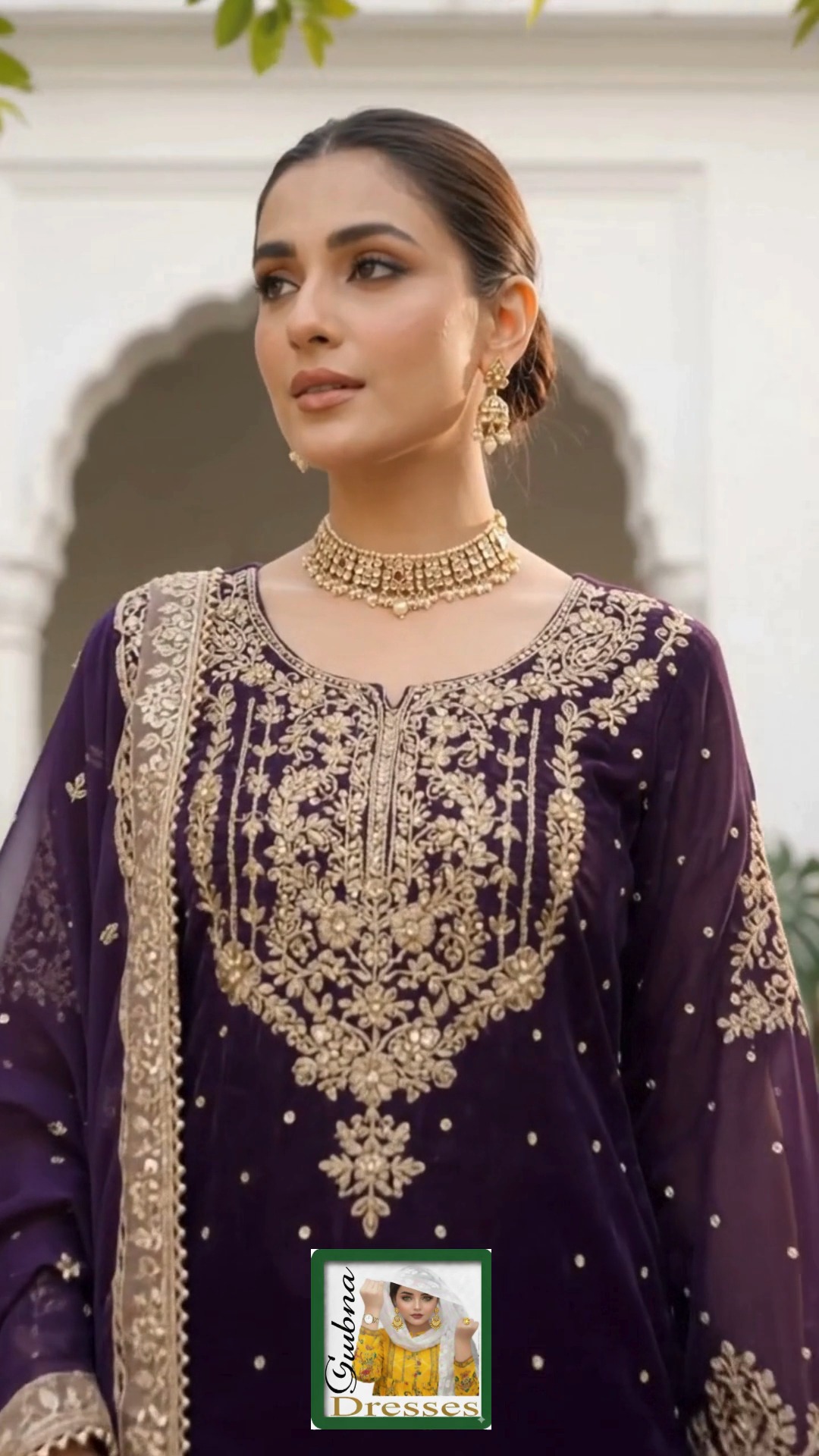 golden velvet dress pakistani Purple shirt with embroidered gharara at Lubna Endless sale