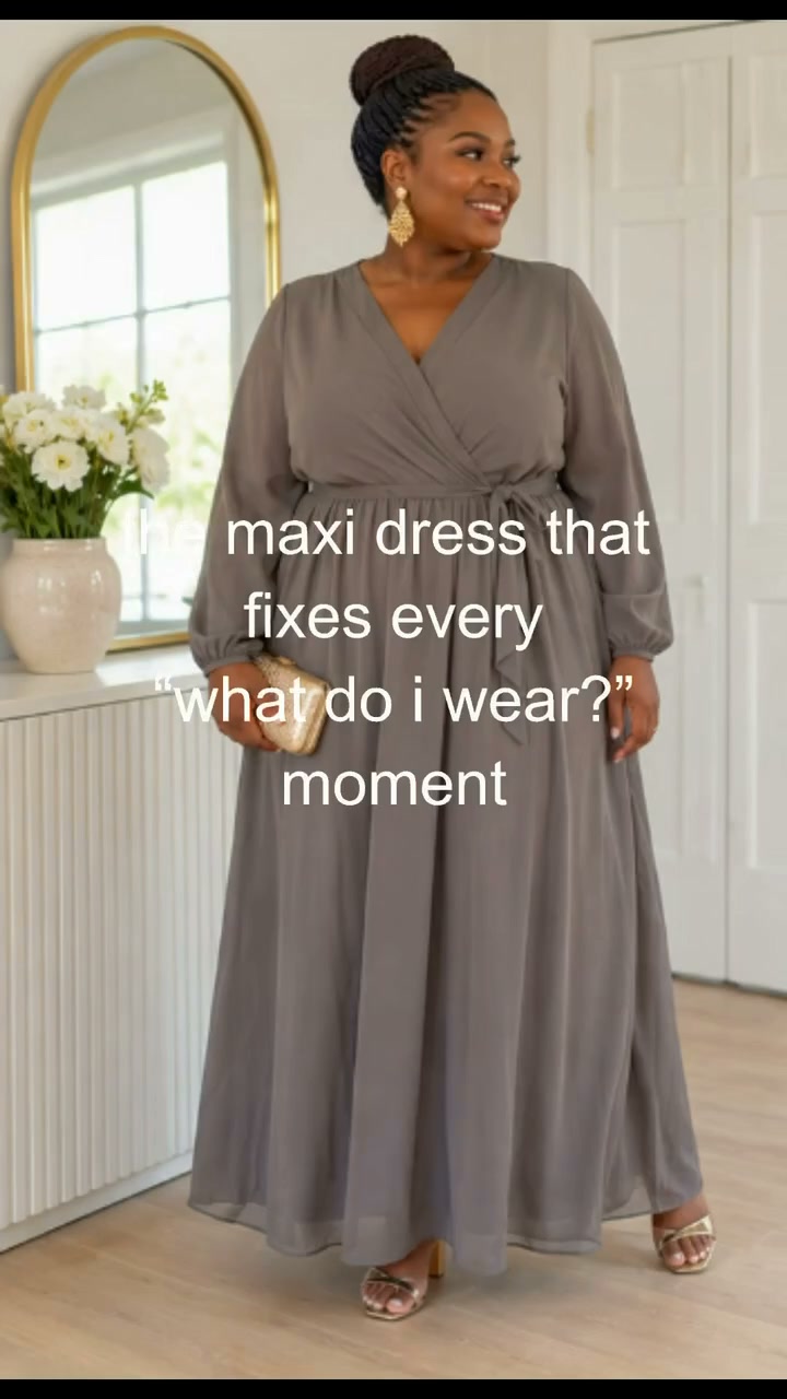 $38 • Taupe Gray Wrap Maxi Dress Long Sleeve Formal Wedding Guest No Size , Beautiful unbranded taupe-gray wrap-style maxi dress with a flattering surplice V-neckline, long balloon sleeves with 