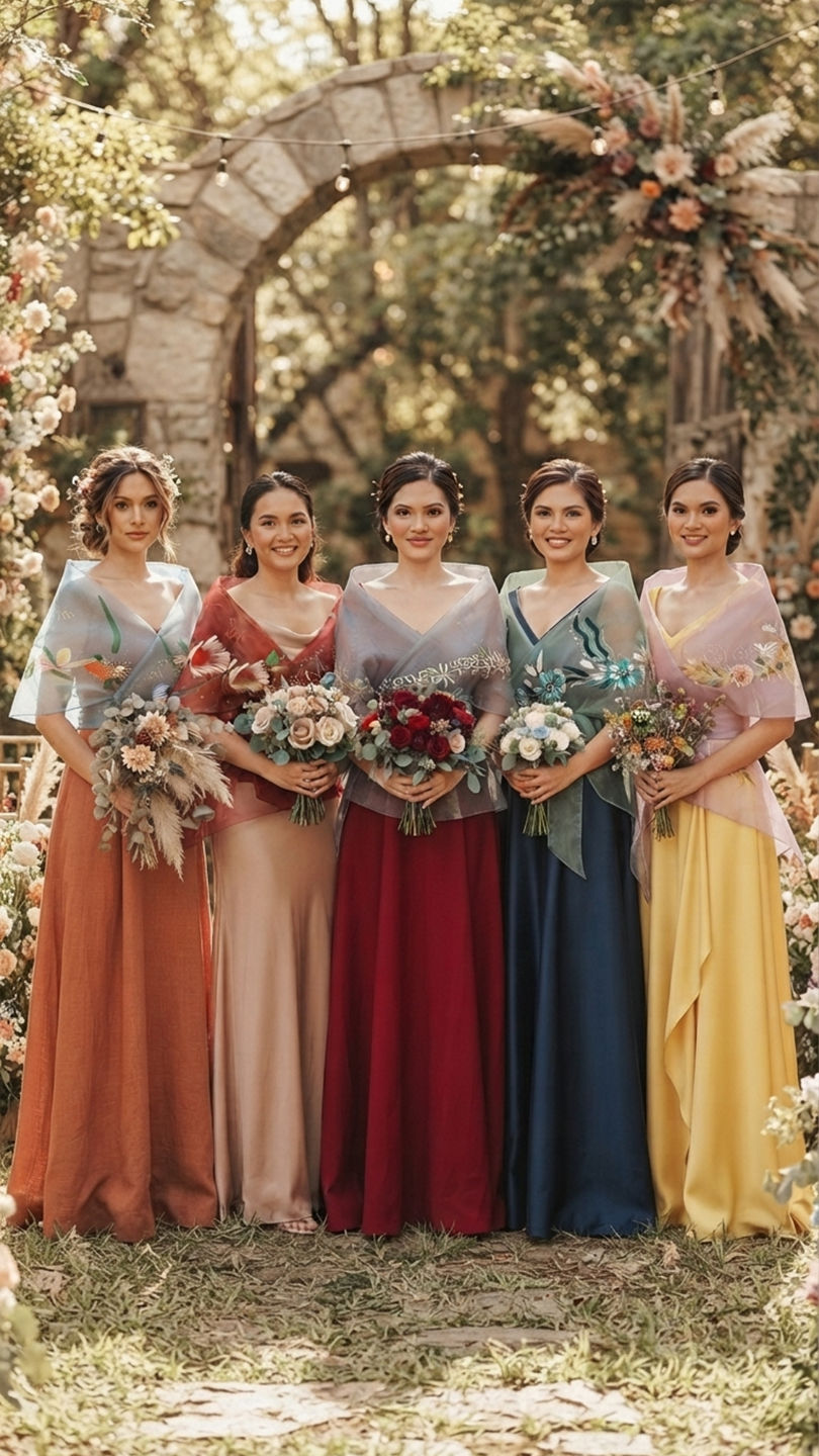 ✨ SAVE THIS if you're choosing bridesmaid colors!, Looking for a wedding motif that's elegant, , timeless, and a little unexpected? , Pair your bridesmaids' dresses with a Filipiniana pañuelo for a 