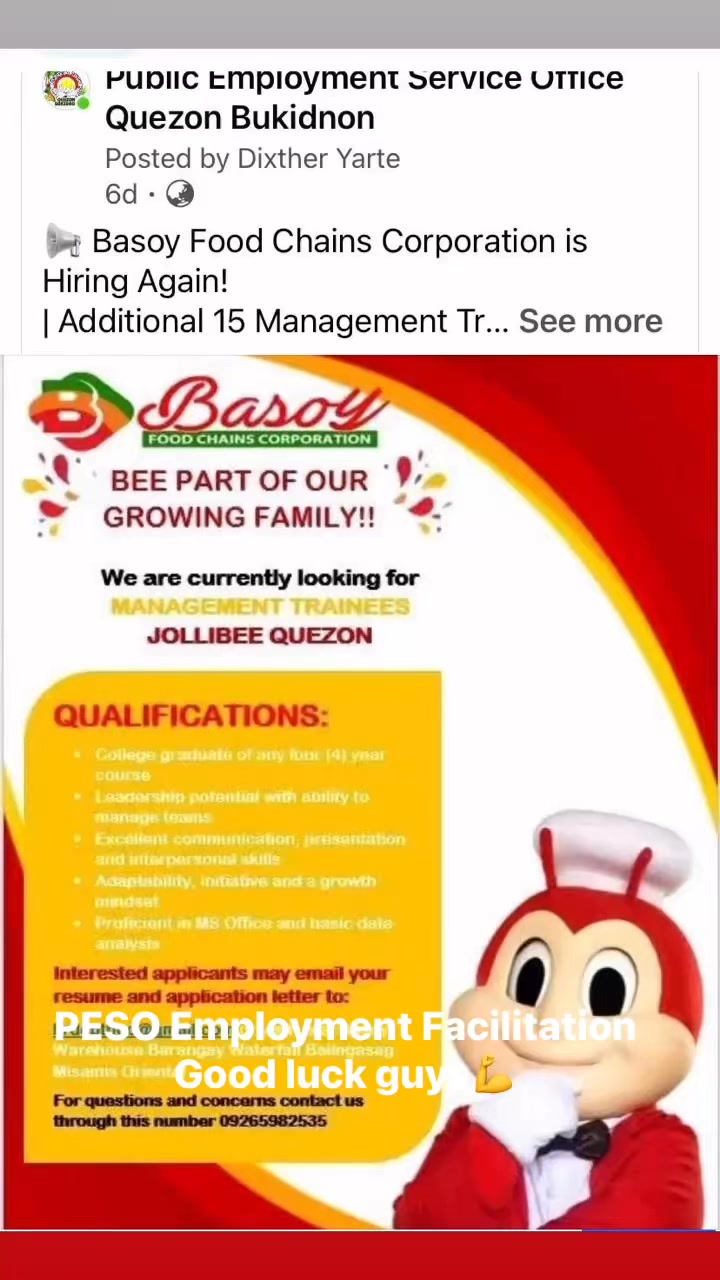 Isa pa👆☝️🐝🍔 Another set of hiring for Management Trainees💪 Basoy Food ...