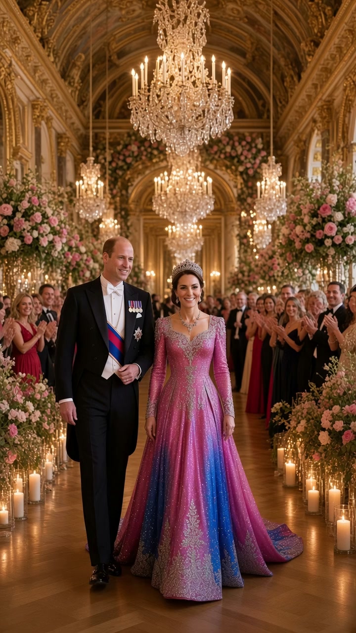 👑 All eyes at Buckingham Palace suddenly turned to one person the moment Kate and William walked in…, ✨ Princess Catherine made a stunning appearance in a gorgeous gold gown paired with a flowing 