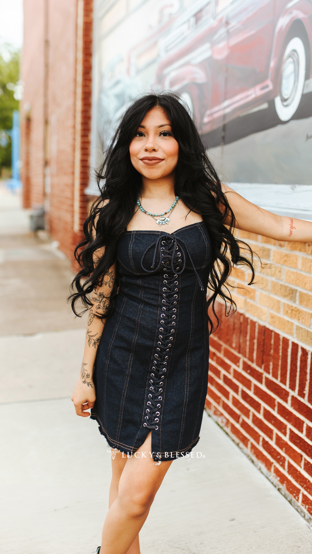 Dark Wash Lace Up Corset Denim Mini Dress, •, Stretch denim, lace-up corset design, flattering dark-wash mini silhouette., Perfect for country nights out—turn heads and shop now!, •, Product code: 