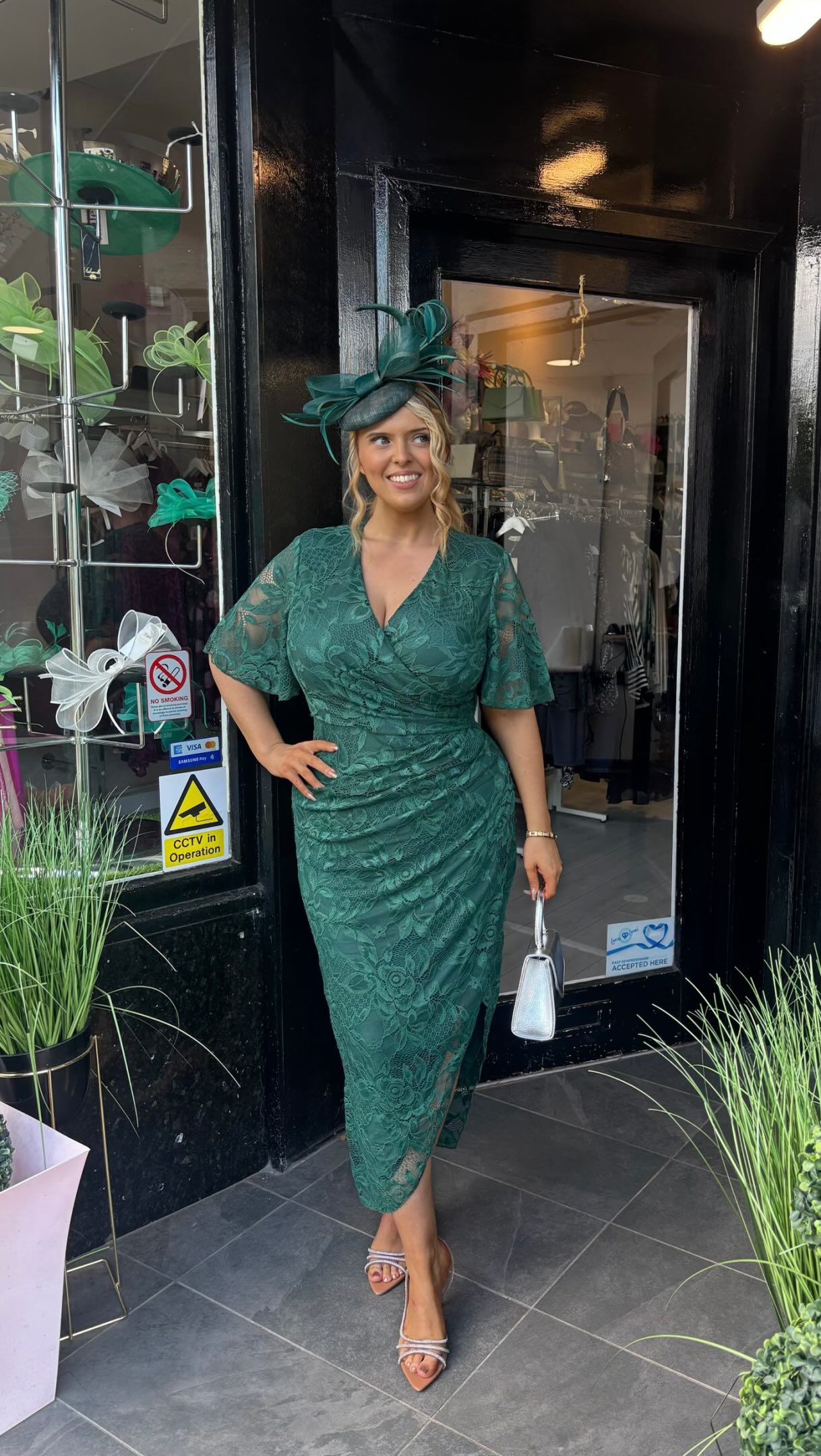 green dress silver accessories 𝐆𝐥𝐨𝐰𝐢𝐧𝐠 𝐢𝐧 𝐆𝐫𝐞𝐞𝐧 💚✨, Our best selling style now available in this stunning Forrest 🤩 We finished the look off perfectly with • , : Sizes 8-18 ., Hat : Hire from Feather