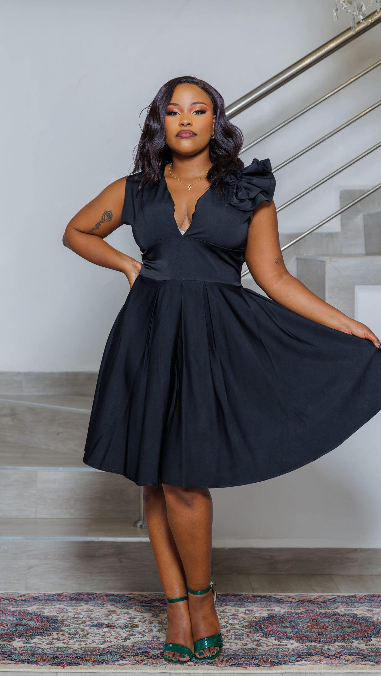 elegant black knee length dresses 🖤 OMBEYI KNEE-LENGTH DRESS — 🖤, Make an entrance in the Ombeyi Knee-Length Dress — featuring a daring deep V-neckline and a dramatic statement detail on one shoulder. Elegant, bold and extended:288216