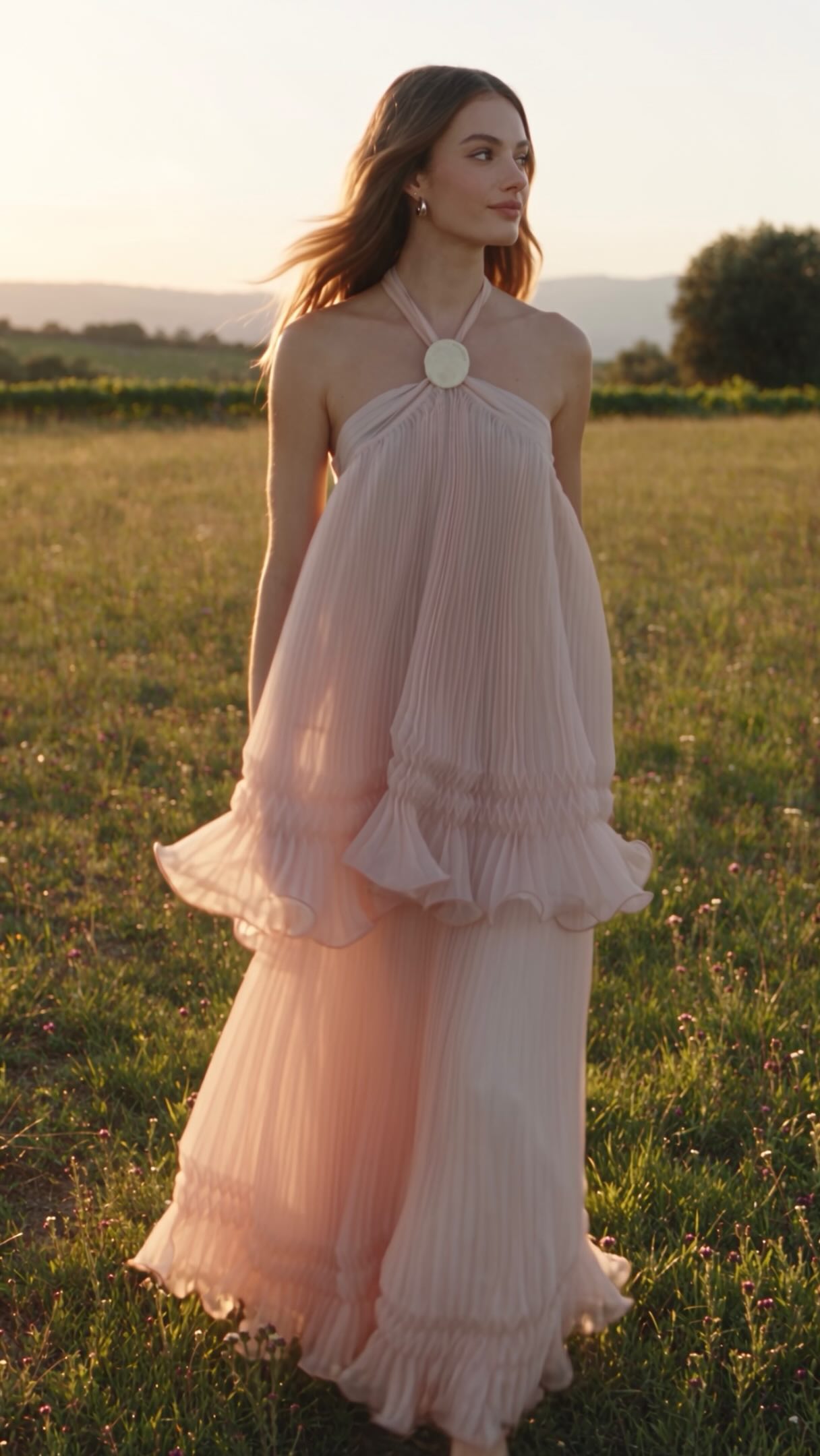 pink maxi flowy dress Camille in Dusty Rose with Accordion Pleats pink chiffon dress