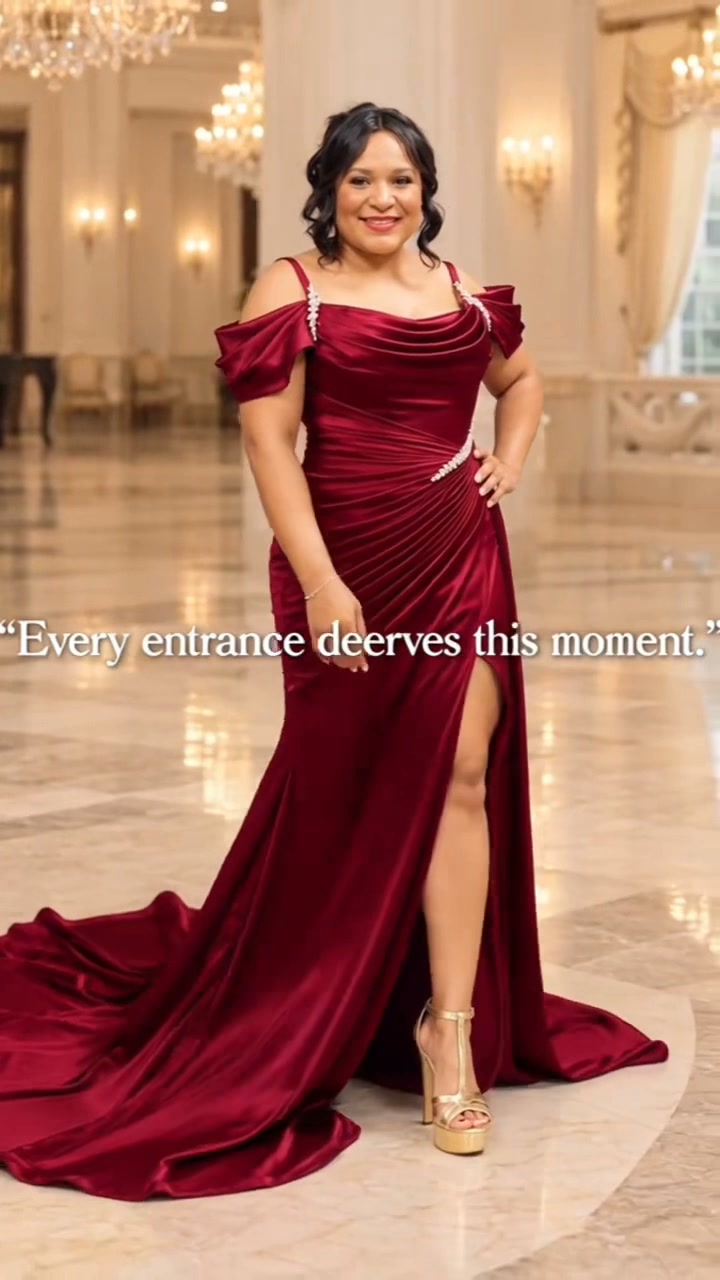 burgundy dress gold heels The catches your eye, but the train steals the moment ❤️✨ satin, sparkling details, and platform heels—this look deserves a grand entrance. Watch the gown move! 👠, Would you pair this dress blends elegance with comfort. Fully lined for an easy