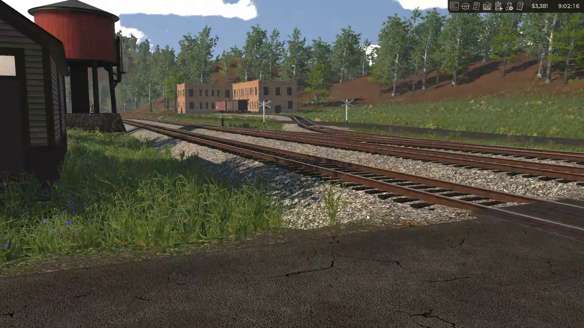 Railroader gameplay: Hyena train at Whittier depot and Ela local crossing