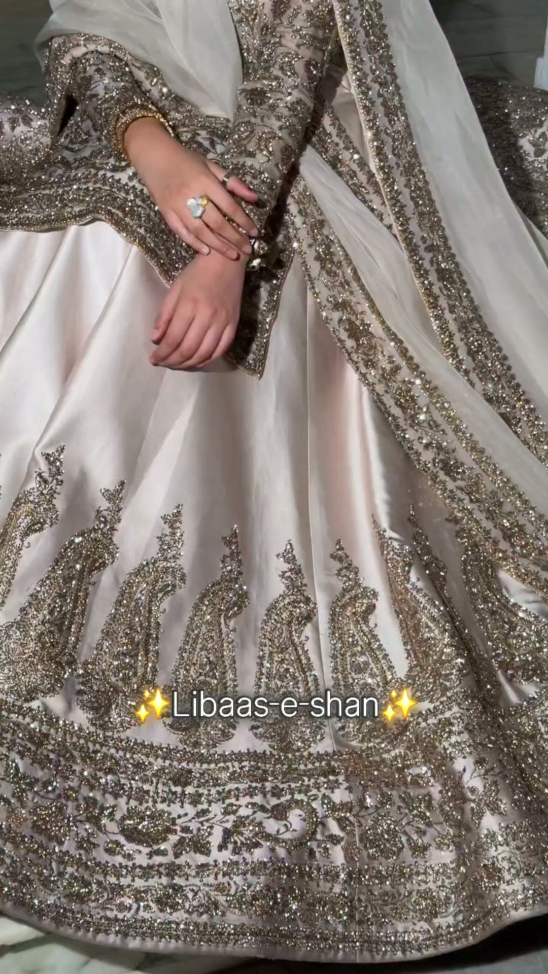A vision in ivory and gold ✨, Where timeless elegance meets breathtaking festive glamour., For order/bookings contact us on WhatsApp 92+3164067001 , Dress Work Description, Color: Ivory / Champagne, 