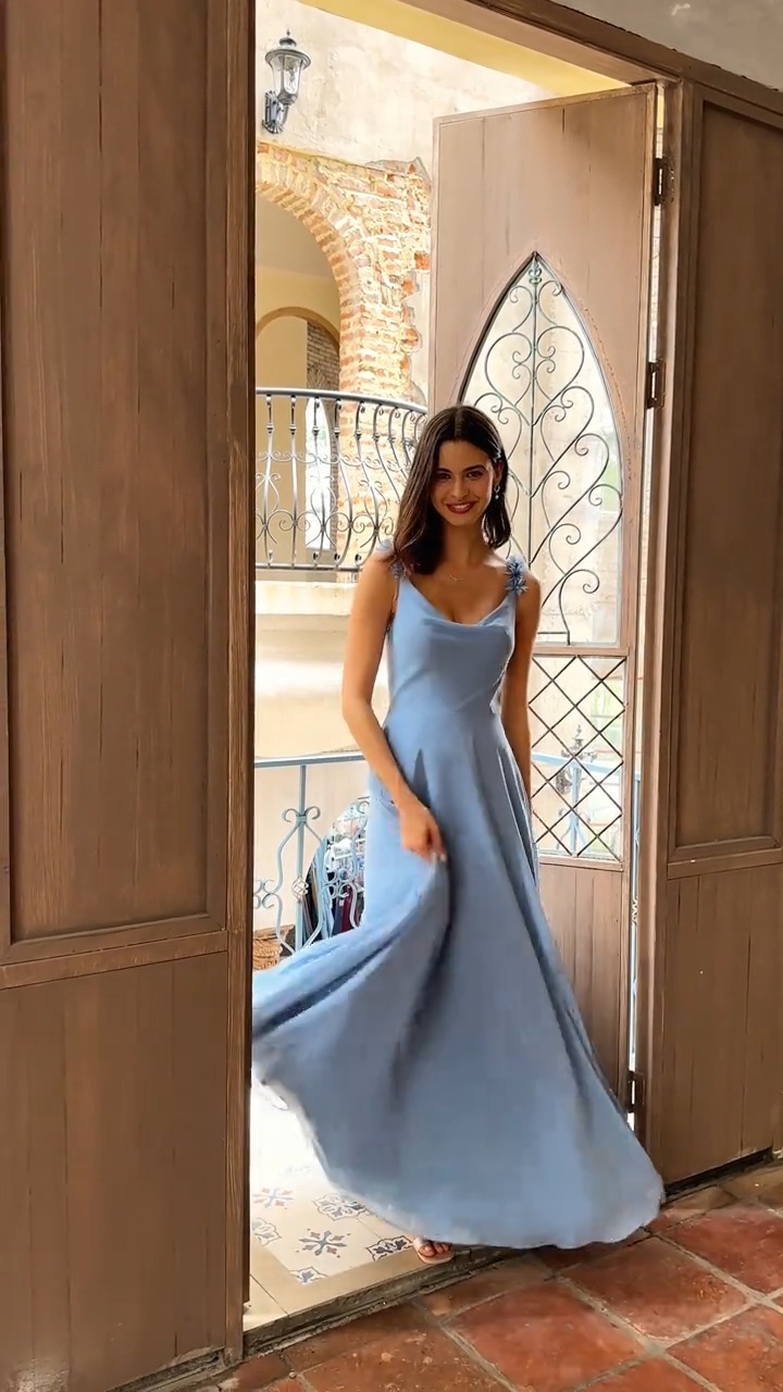 flowy blue bridesmaid dress Dusty chiffon gown., Cowl neck with floral straps & sweeping skirt., #stacees #BridesmaidDress #formal #bridemaids #bluedress💙👗 #fyp #bridesmaidsdresses #relateable #weddinginspo Satin bridesmaid
