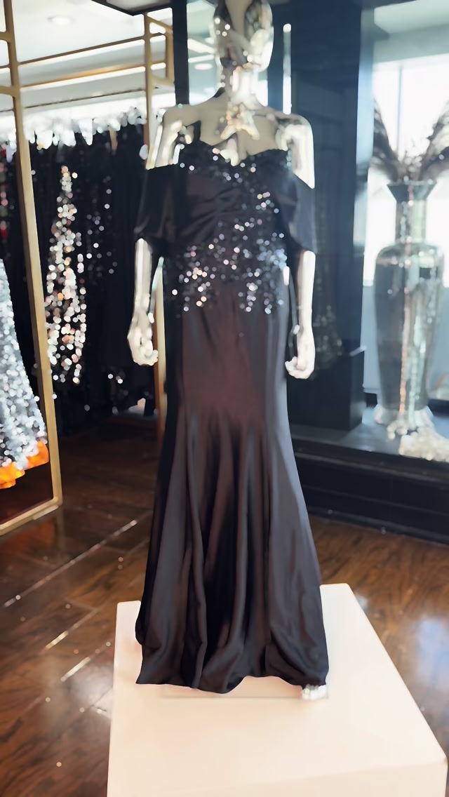 formal dresses brownsville tx ✨ Effortlessly elegant in this off-the-shoulder black evening gown — now available in size 16. 🖤. #dress #dressrental#eveninggown | Mía Bella Boutique a-line dresses