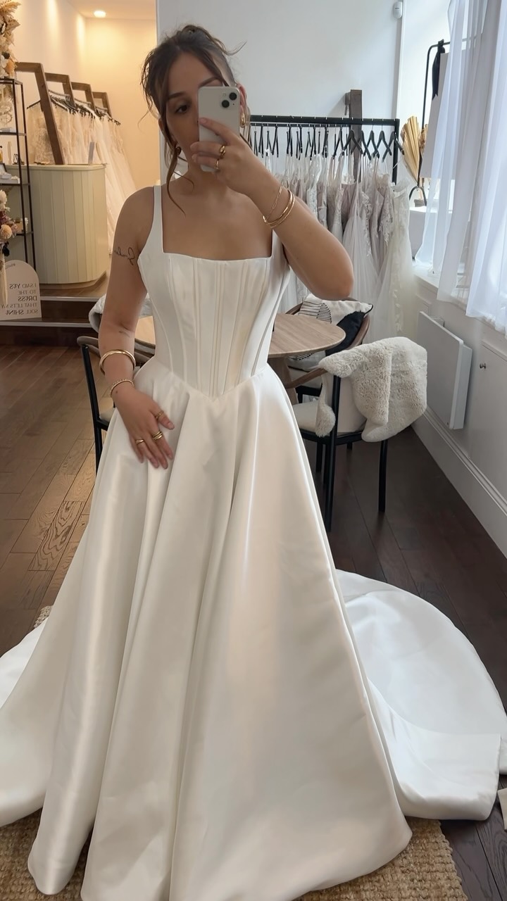 formal dress shops in newcastle Clean. Minimal. High impact. ✦⋆, Hall by @evieyoungbridal ~ a sleek, modern gown with a clean square neckline + beautifully structured boned bodice ✦⋆, For the bride who knows that sometimes less red prom dresses 2026