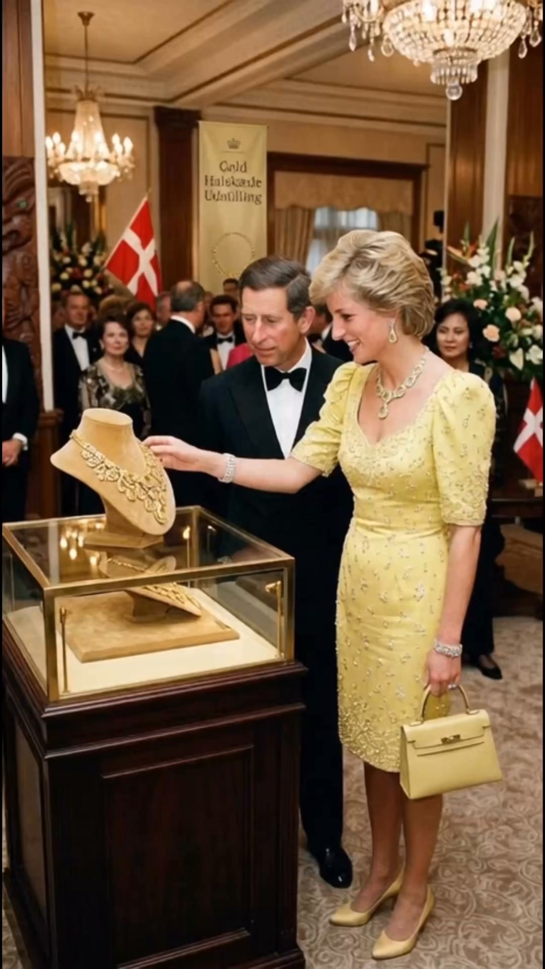 diana prince gold dress #Throwback to 1990: Charles and Princess attending the Necklace Exhibition during their royal visit to Denmark. | London Royal winter wedding dresses
