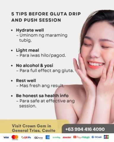 ✨ Glow Ready? Here’s how to prep for your Gluta Drip & Push! 💧, Para sulit ang bawat session — hydrate, eat light, rest well, and take care of your body. Your glow starts from within. ✨👑, 