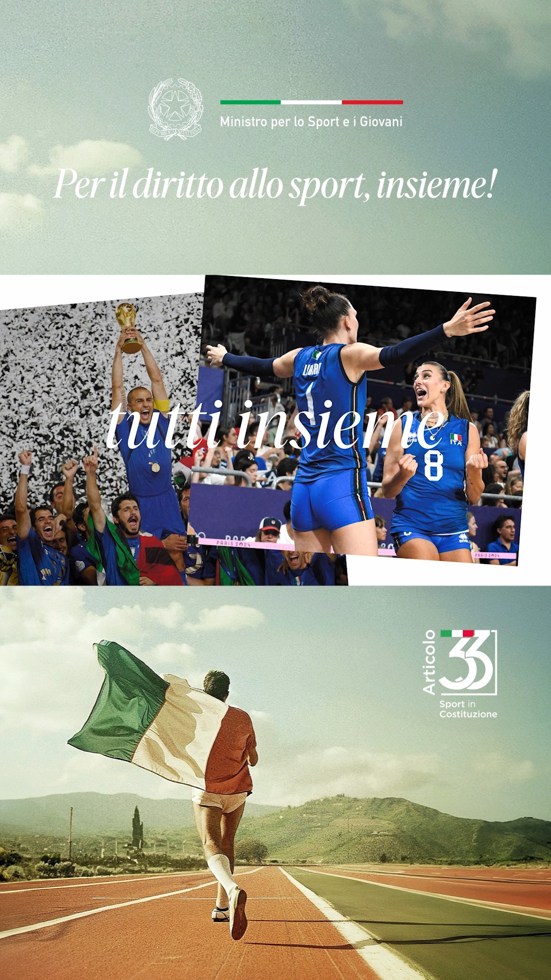 Noi italiani siamo forti, sappiamo vincere soli, o tutti insieme, e imparare da ogni sconfitta, perch cos lo sport, cos siamo noi , Al via la campagna Lo Sport in Costituzione , per