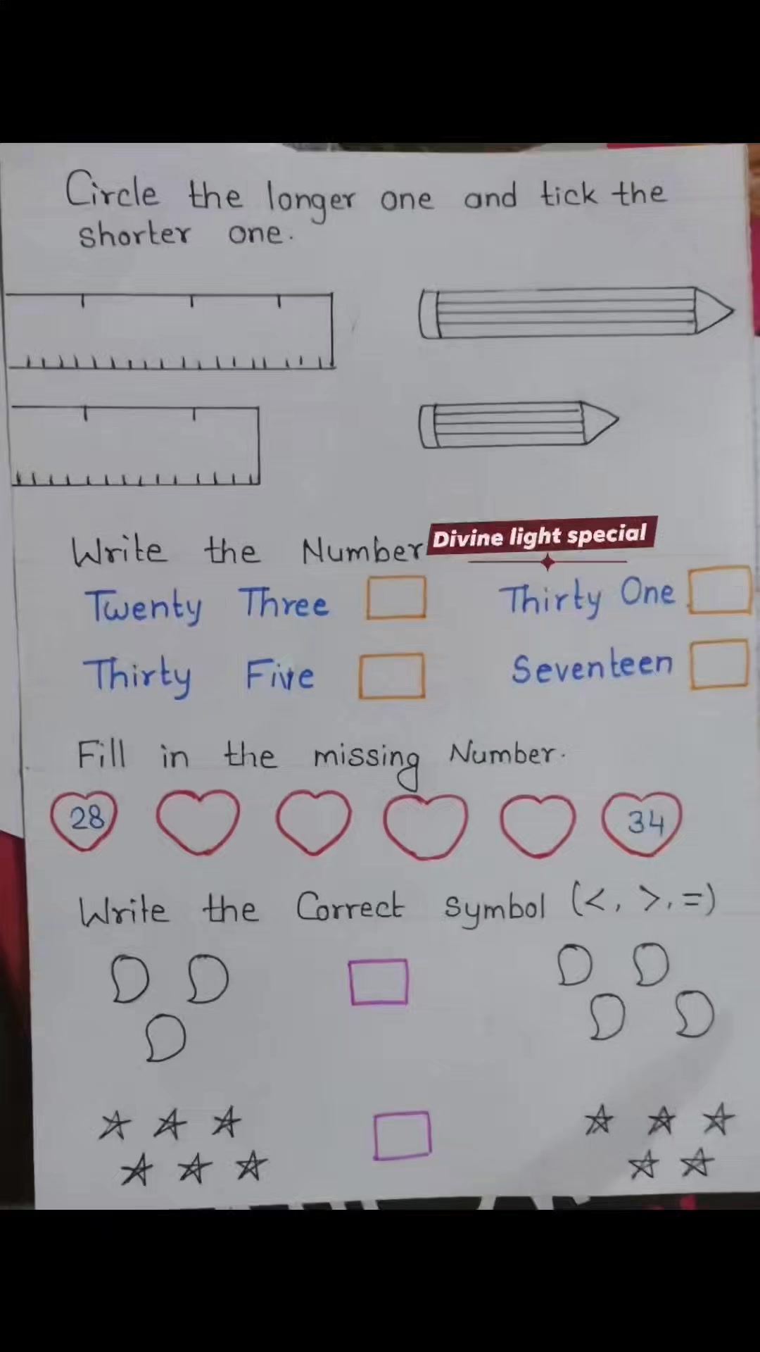 English Maths EVS worksheets for Beginners | Divine Light Special