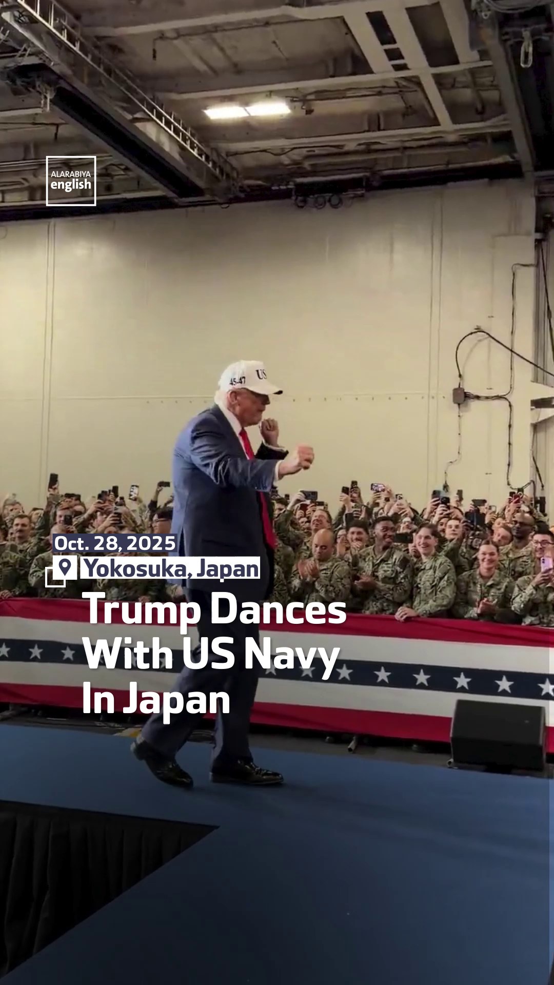US President Donald Trump dances with US Navy personnel aboard the USS ...