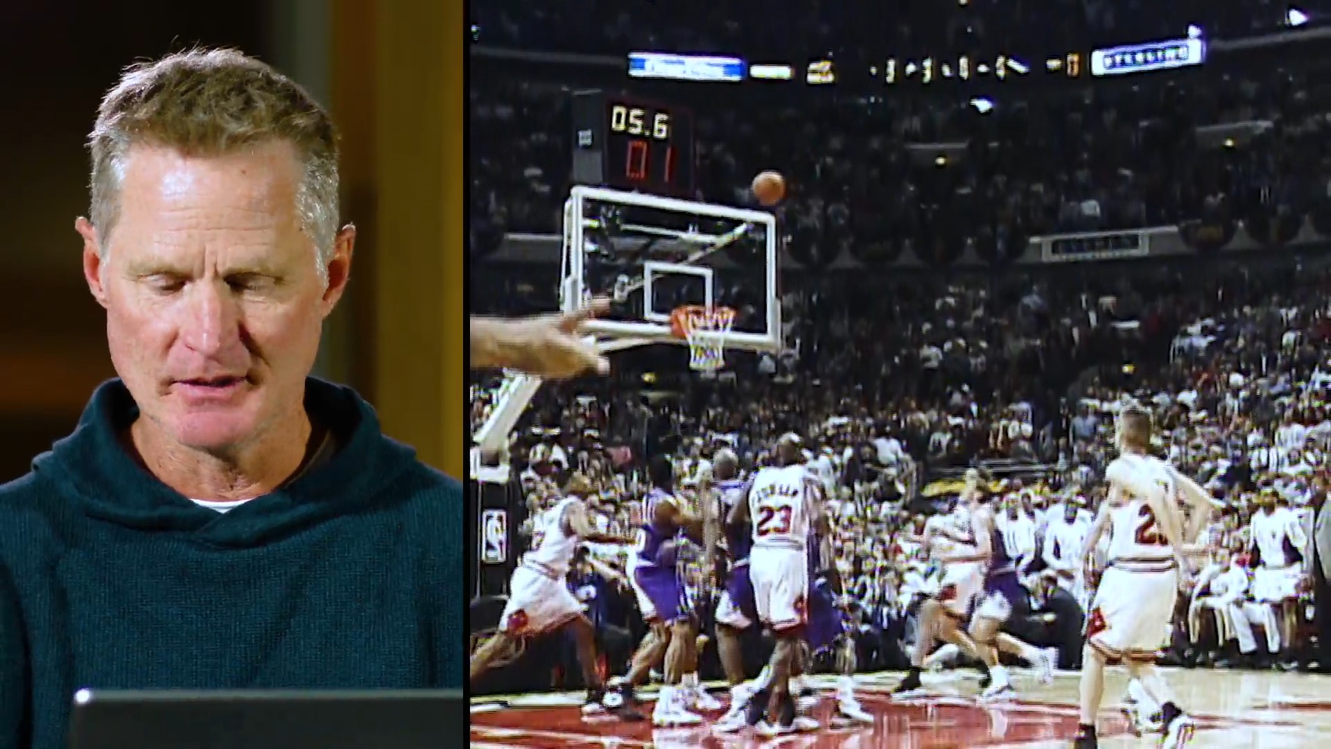 Take a look at Steve Kerr reacting to his game-winning jumper in 