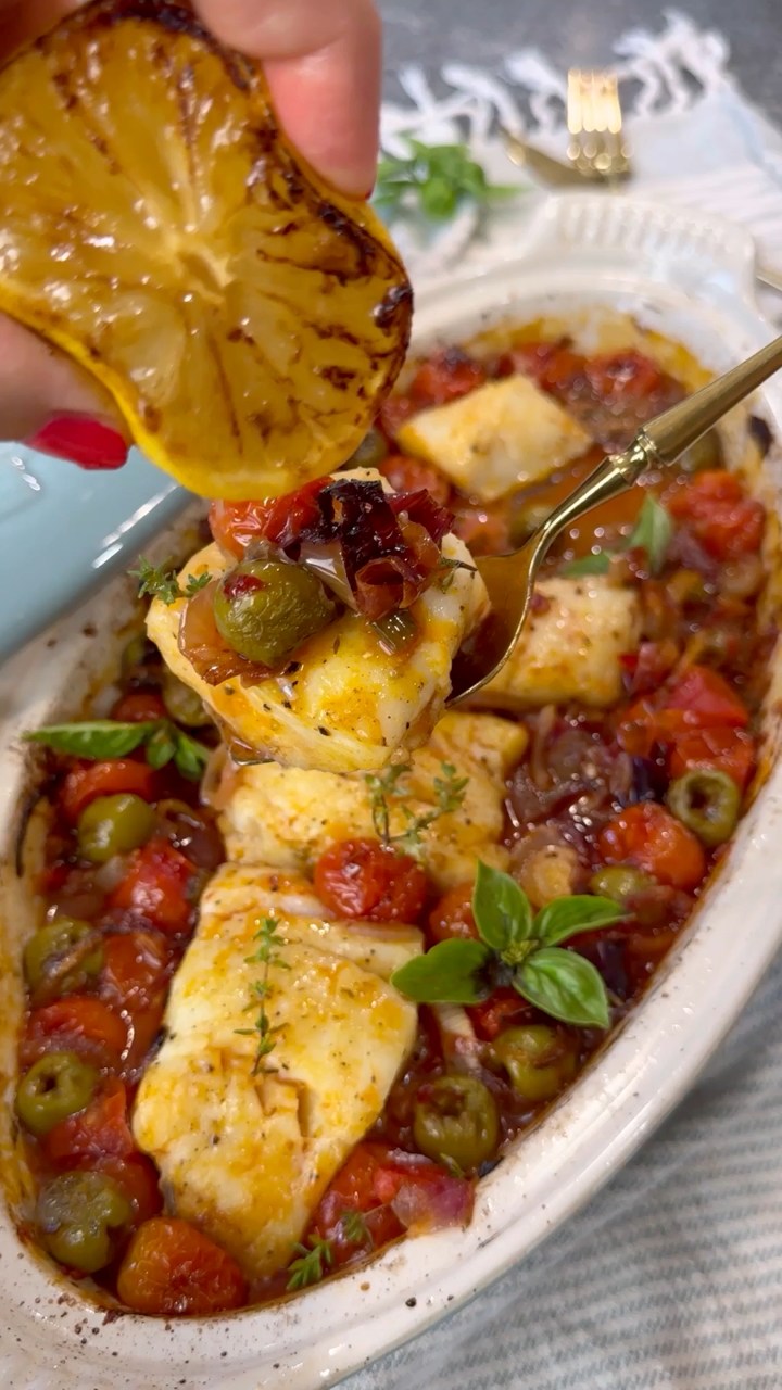 Baked Italian Cod with Cherry Tomatoes, Olives and Calabrian Peppers ...