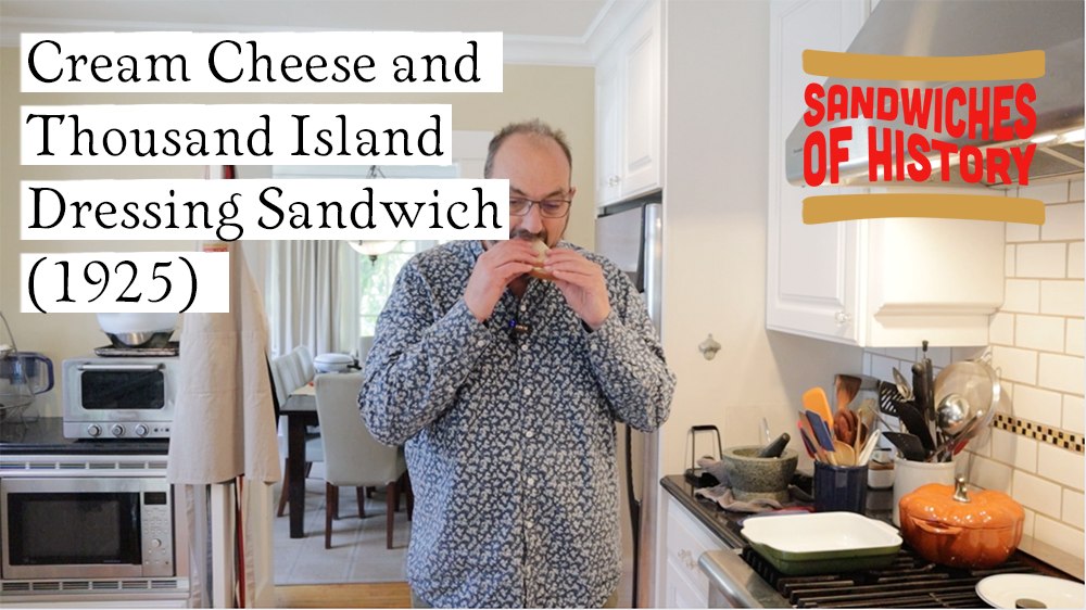 Today’s sandwich, the Cream Cheese and Thousand Island Dressing Sandwich from 1925’s Ye Kirke Cookerie is notable in that it combines two ingredients that normally might modify another sandwich 