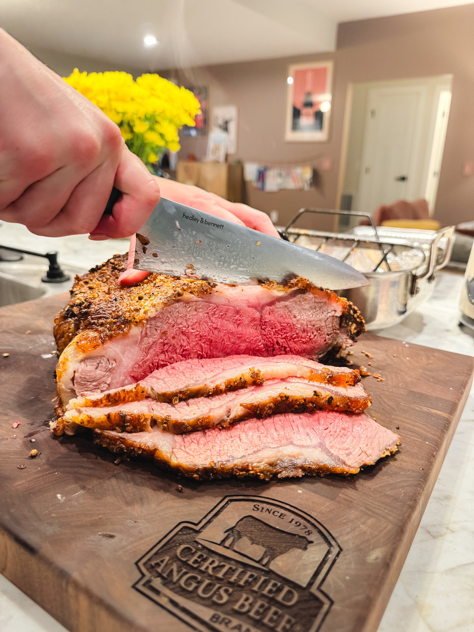 This #CertifiedAngusBeef strip roast is seasoned, cooked and ready to